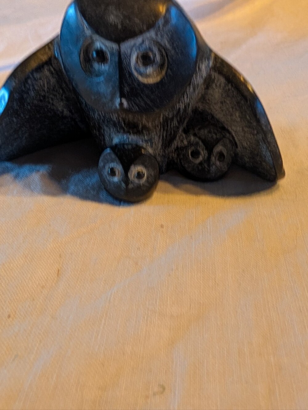 2/60$ Vintage Black Owl Family Sculpture - Matte Black Stone Look